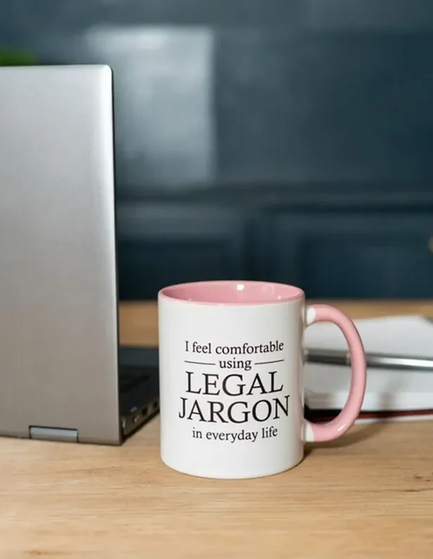White coffee mug with the text 'I feel comfortable using legal jargon in everyday life' beside a laptop on a desk