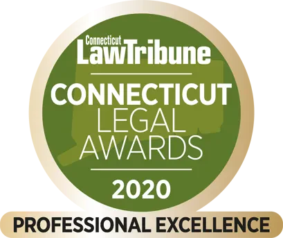 A circular green and gold emblem for the Connecticut Law Tribune Connecticut Legal Awards 2020, featuring text highlighting Professional Excellence at the bottom.