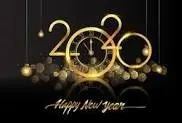 Happy New Year 2020 graphic featuring a gold clock striking midnight with festive decorations.