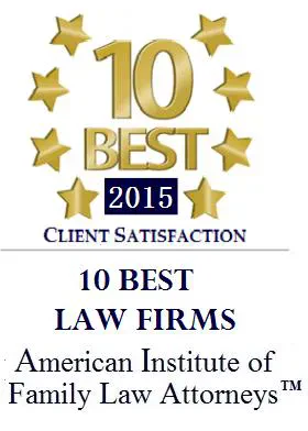 An award badge from the American Institute of Family Law Attorneys featuring large golden text that reads "10 BEST" above a blue banner with the years "2014 - 2016