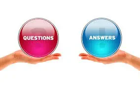Two hands facing each other, one holding a glossy red circular button labeled 'QUESTIONS' with a faint question mark, and the other holding a glossy blue circular button labeled 'ANSWERS' with a faint exclamation mark.