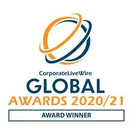 CorporateLiveWire Global Awards 2020/21 Award Winner logo featuring an abstract blue and orange globe with overlapping swoosh rings.