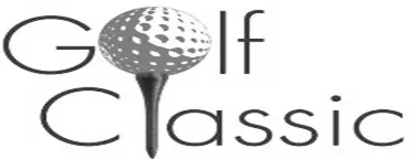 A black and white logo featuring a golf ball resting on a tee, replacing the letters o and l in the words Golf Classic.