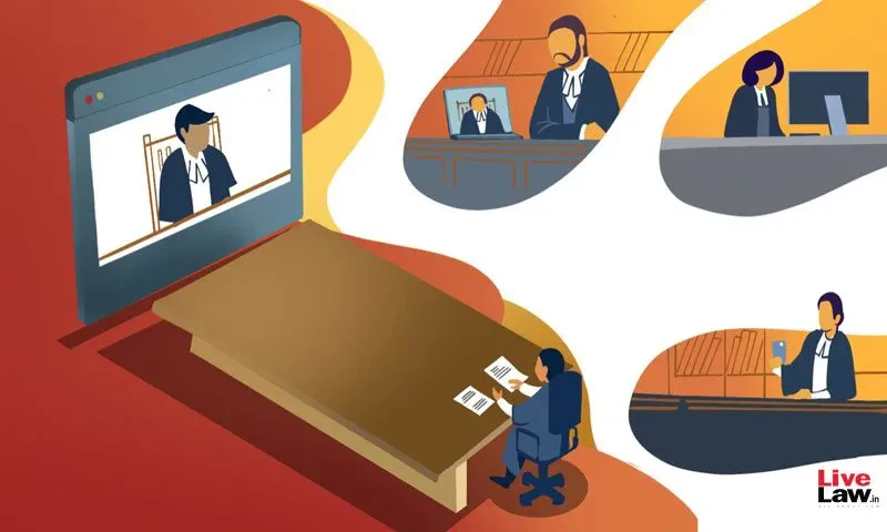 An illustration depicting virtual and hybrid court proceedings, showing a legal professional seated at a table looking at a large screen displaying a judge, with smaller panels showing other lawyers and judges participating via video conferencing.