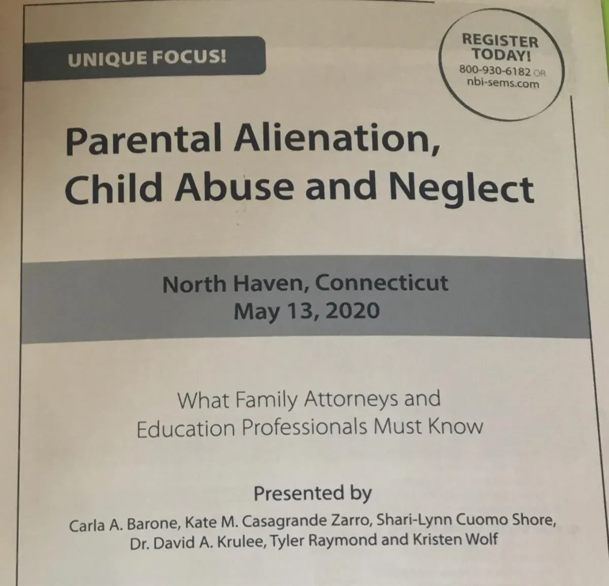 An informational seminar flyer titled Parental Alienation, Child Abuse and Neglect scheduled for May 13, 2020, in North Haven, Connecticut, listing presenters including Carla A. Barone and Shari-Lynn Cuomo Shore.