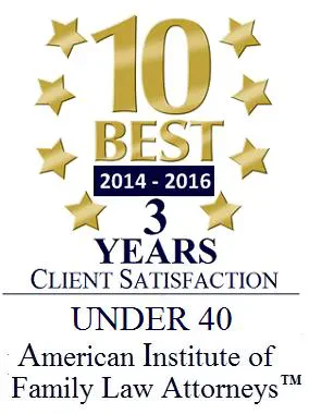 An award badge from the American Institute of Family Law Attorneys featuring large golden text that reads "10 BEST" above a blue banner with the years "2014 - 2016
