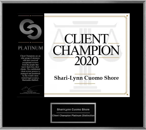 An award plaque for Client Champion 2020 in the Platinum category presented to Shari-Lynn Cuomo Shore by Martindale-Hubbell.