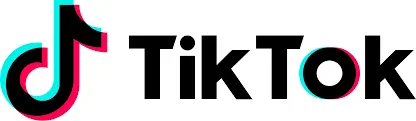 The official black TikTok wordmark logo next to its iconic stylized musical note emblem with cyan and red 3D glitch effects on a white background.