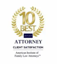 An elegant gold laurel wreath award surrounding the large text "10 BEST Client Satisfaction" in a metallic gold font from the American Institute of Family Lawyers