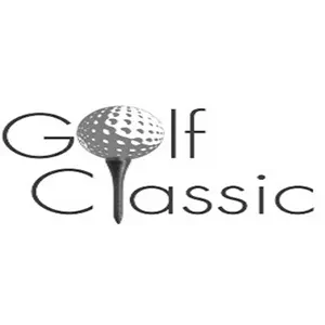 A black and white logo featuring a golf ball resting on a tee, replacing the letters o and l in the words Golf Classic.