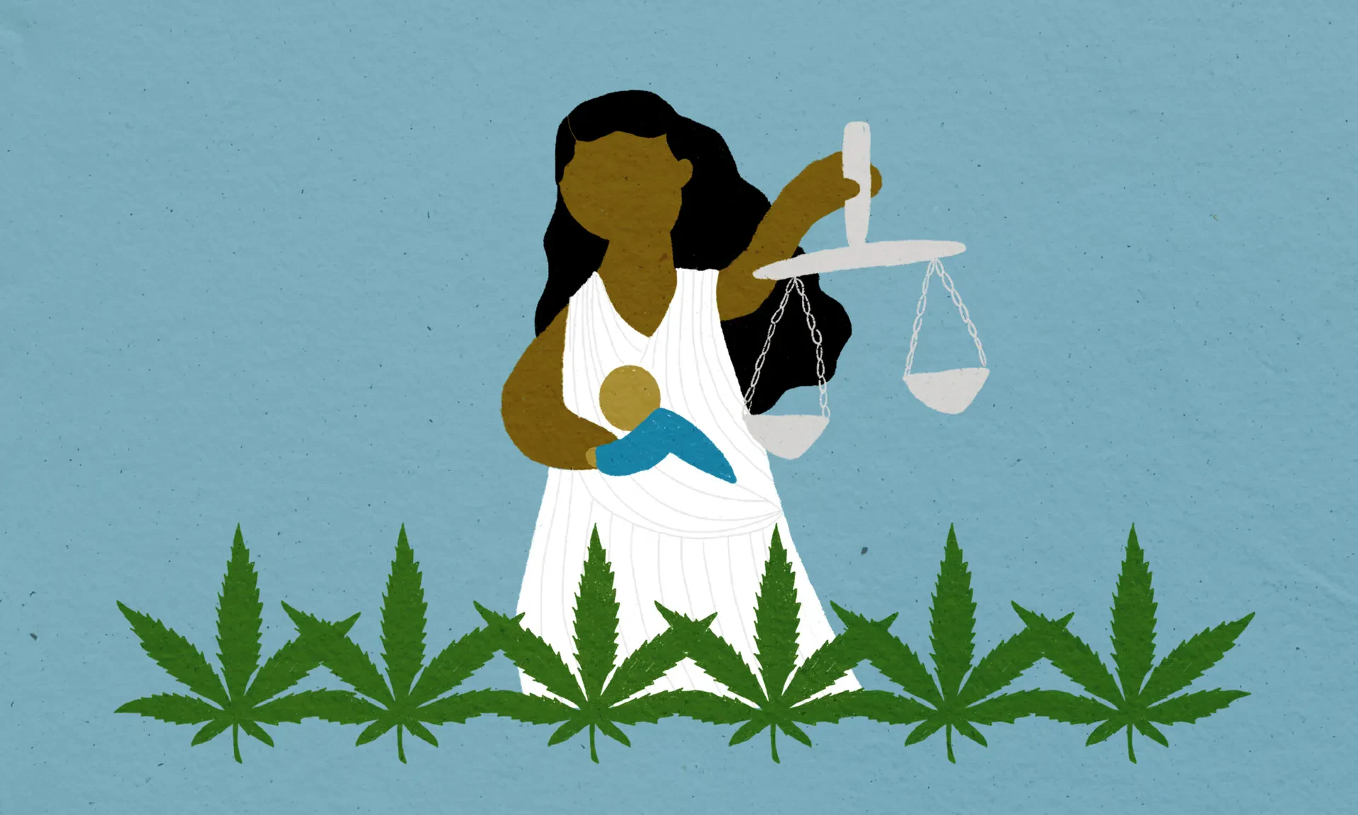 Illustration of a woman holding a scale, surrounded by marijuana leaves, symbolizing balance and cannabis culture.
