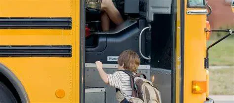 A child with a backpack approaches and boards a bright yellow school bus in the morning.