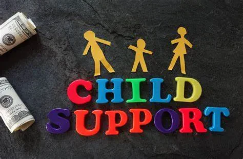 An image featuring the words "CHILD SUPPORT" spelled out in colorful, plastic toy letters on a textured dark background