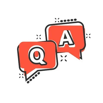 An icon featuring two overlapping red speech bubbles with black outlines, with the front bubble displaying a white letter "Q" and the back bubble displaying a white letter "A"