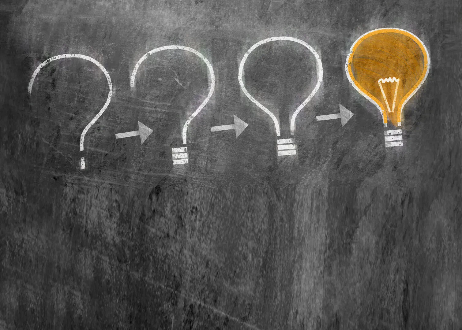 Four chalk drawings on a blackboard: three question marks transform into a glowing yellow lightbulb, symbolizing the progression from questions to ideas.