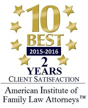 An award badge from the American Institute of Family Law Attorneys featuring large golden text that reads "10 BEST" above a blue banner with the years "2014 - 2016