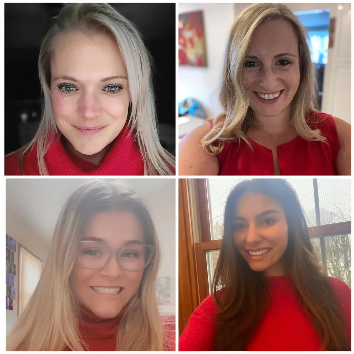 A four-panel grid collage showcasing close-up smiling portraits of Kristen Wolf, Shari-Lynn Cuomo Shore, and two other women all wearing vibrant red tops.
