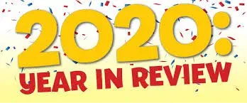 Large yellow numbers 2020: with red text Year in Review below, surrounded by blue and red confetti on a light yellow background.