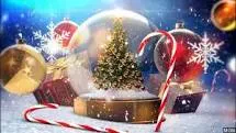 A festive holiday graphic featuring a central glass snow globe with a decorated Christmas tree inside, surrounded by large red and gold ornaments and red-and-white striped candy canes on a snowy surface.