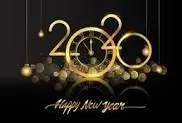 A festive Happy New Year 2020 graphic with elegant gold numbers, a clock face integrated into the zero showing midnight, and hanging gold ornaments against a black background.