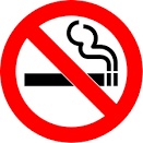 A standard no smoking sign featuring a black silhouette of a lit cigarette with smoke, enclosed in a red circle with a diagonal slash on a white background.