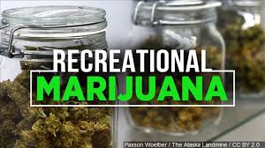 Three glass mason jars filled with dried cannabis buds sitting on a shelf behind text reading RECREATIONAL MARIJUANA highlighted with a bright green outline.