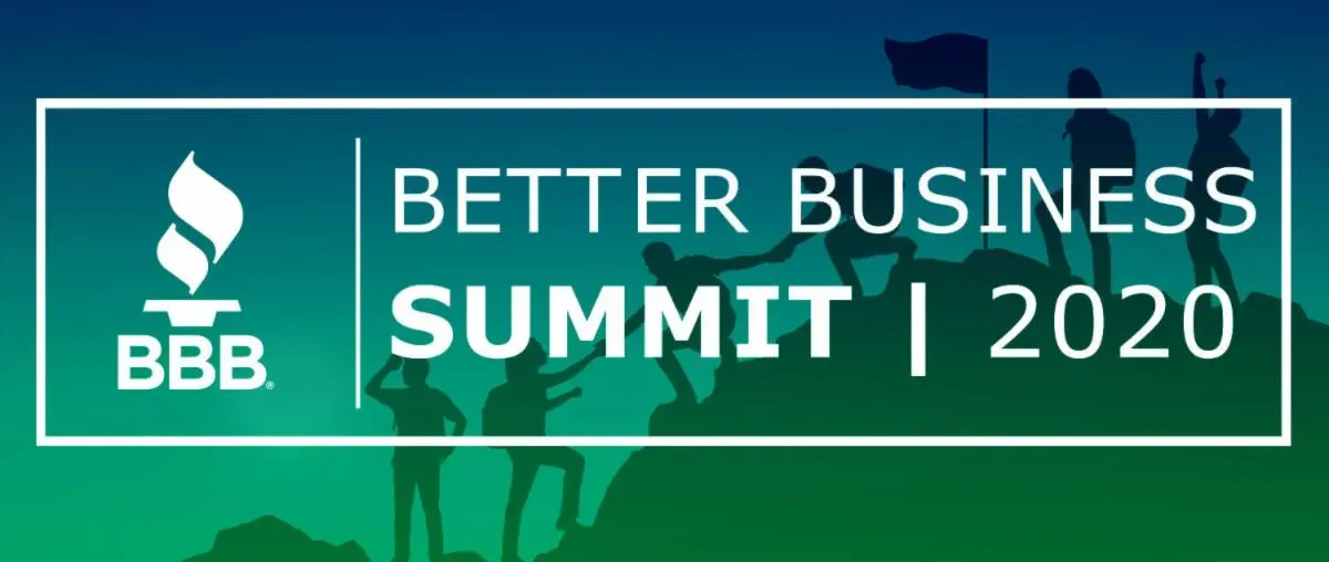 A promotional banner for the BBB Better Business Summit 2020 featuring silhouettes of people climbing a mountain peak against a green and blue gradient background.