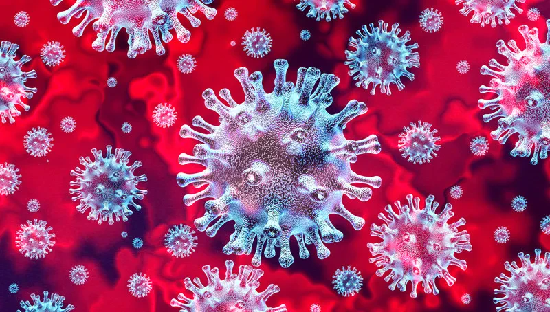 A 3D medical illustration of spherical coronavirus particles with prominent surface spikes floating against a dark red background.