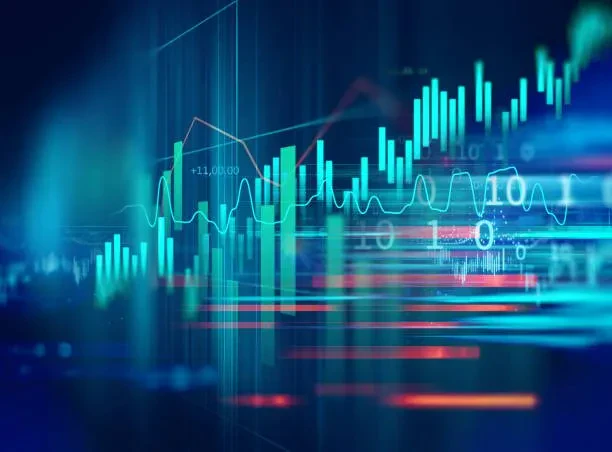Abstract image of financial graphs, bar charts, and data visualizations in blue and green tones, representing stock market trends and digital analytics.