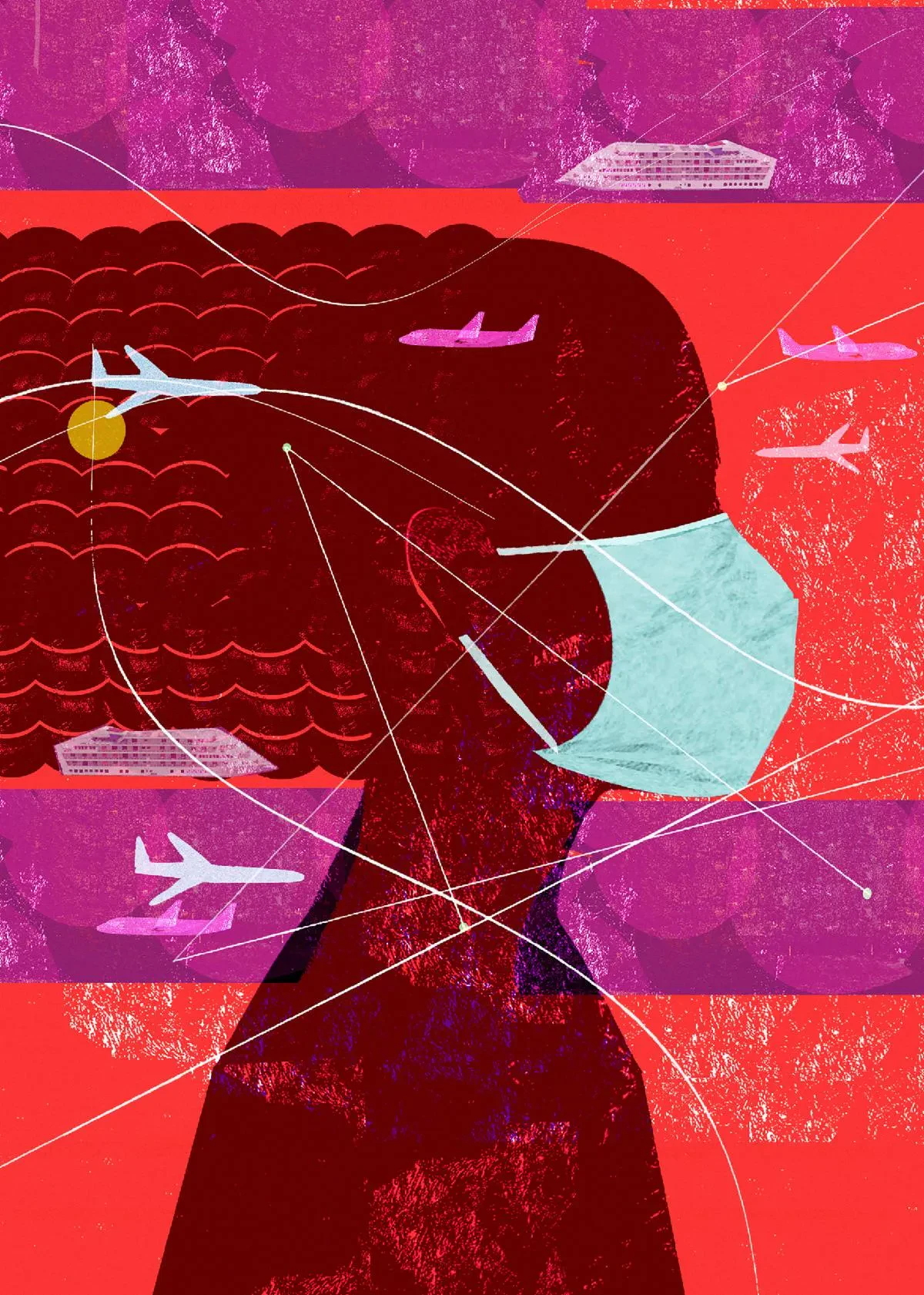 A stylized texture illustration of a person wearing a light blue face mask, surrounded by flight path lines, airplanes, and cruise ships over a red and purple background.