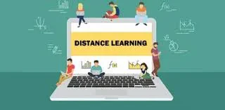 Illustration of people sitting on and around a large laptop displaying the words “DISTANCE LEARNING” on the screen, with icons of graphs and charts in the background.