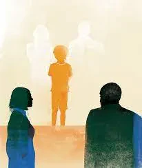 Silhouettes of a man and woman face a child in the center, with faded adult and child figures in the background, suggesting themes of family, memory, or relationships.
