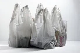Four filled plastic grocery bags stand together on a plain white surface, casting soft shadows. The contents of the bags are mostly obscured by the semi-transparent plastic.