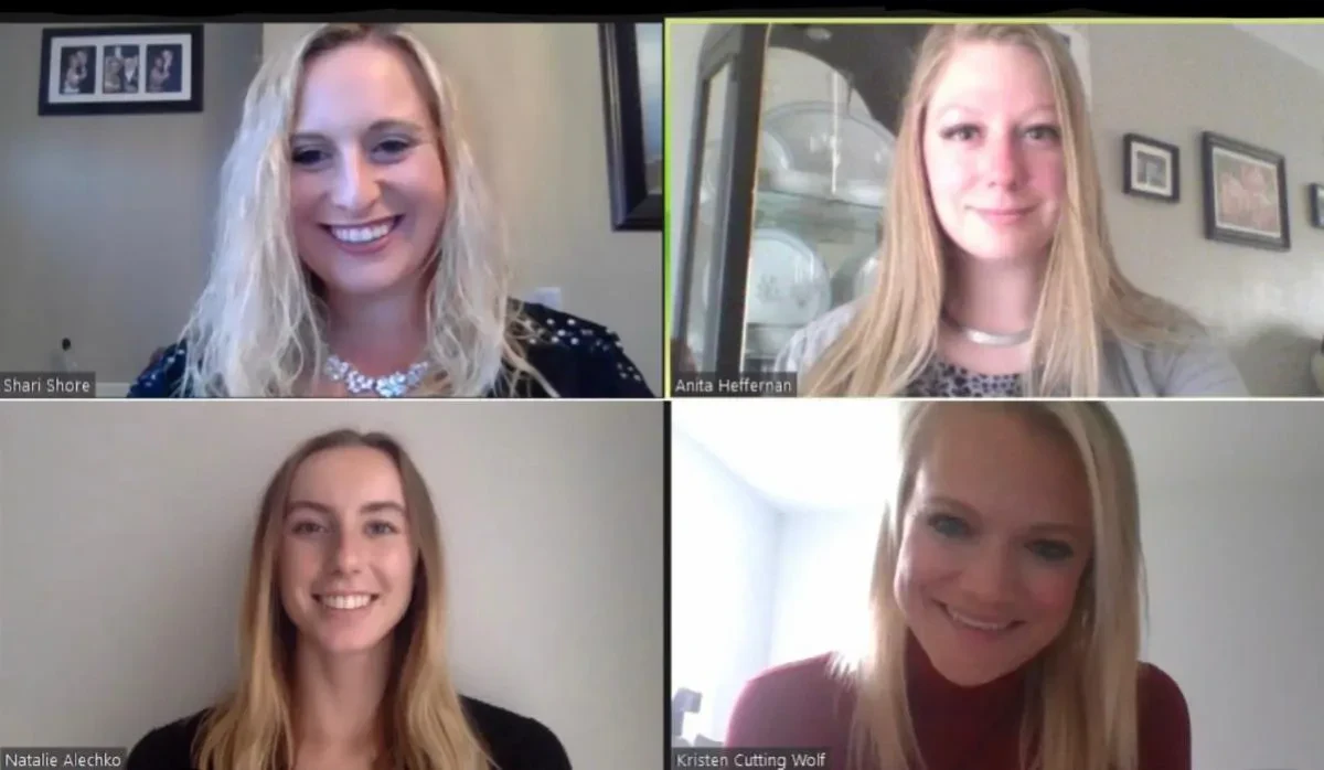 A four-way video conference screen showing smiling women identified by text overlays as Shari Shore, Anita Heffernan, Natalie Alechko, and Kristen Wolf.