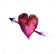 An abstract watercolor painting of a red and pink textured heart pierced by a dark arrow against a plain white background.
