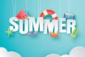A vibrant paper-cut style banner featuring the word SUMMER in large white letters, decorated with hanging beach items against a turquoise background.