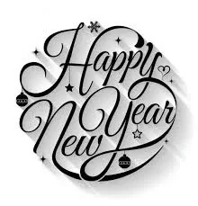 A circular black-and-white graphic featuring elegant Happy New Year cursive calligraphy decorated with hanging stars, holiday ornaments, and small sparkles.