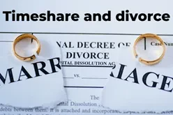 An image showing wedding rings placed on top of a torn 'Marriage' certificate, revealing a 'Decree of Divorce' document underneath, with the text Timeshare and divorce at the top