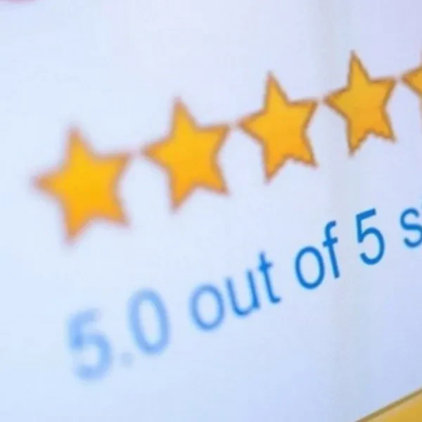 A computer screen displaying a rating of five stars, indicating excellent feedback or review.