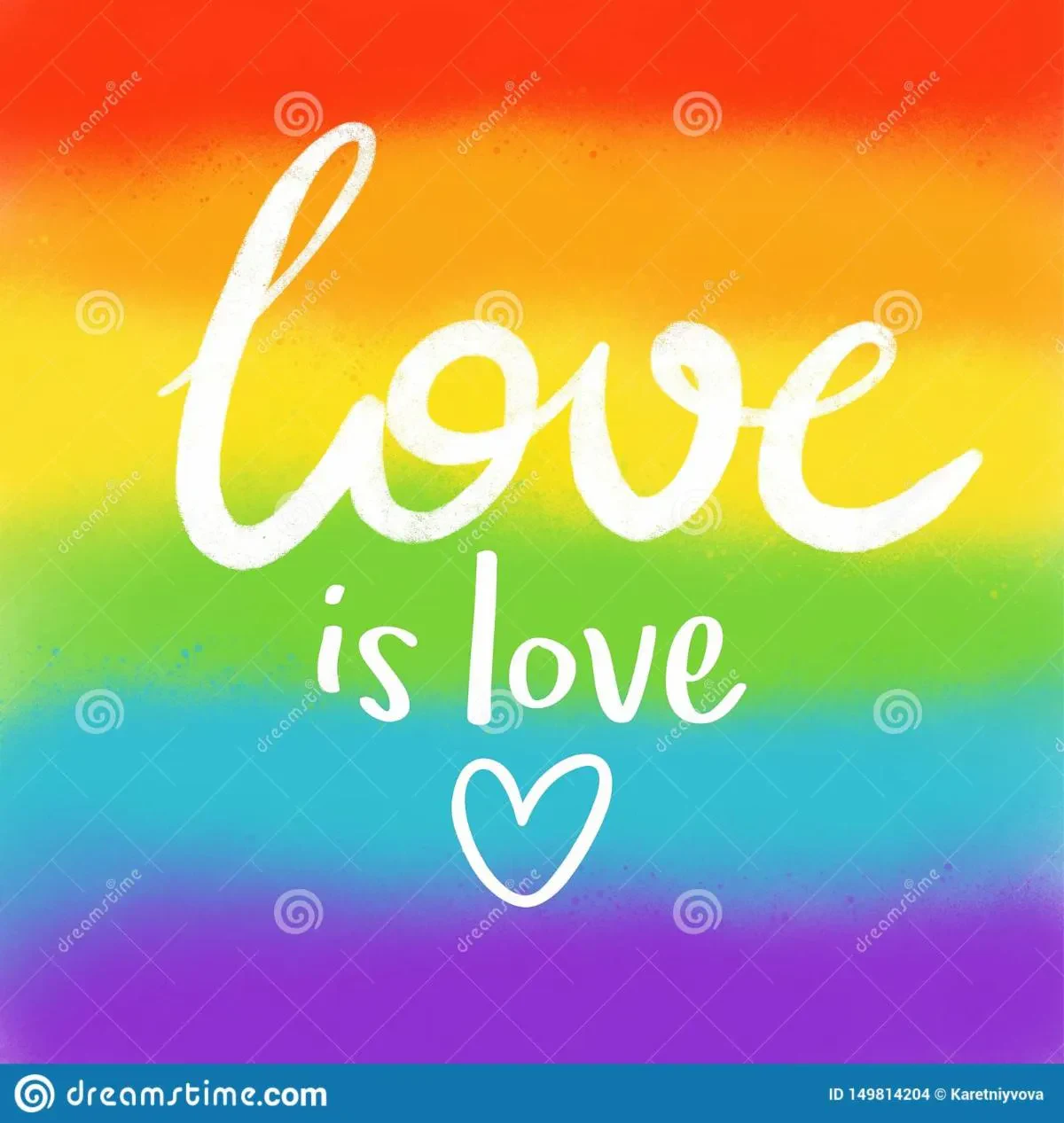 A graphic featuring the text love is love written in white cursive with a small hand-drawn heart beneath it, set against a vibrant rainbow gradient background.