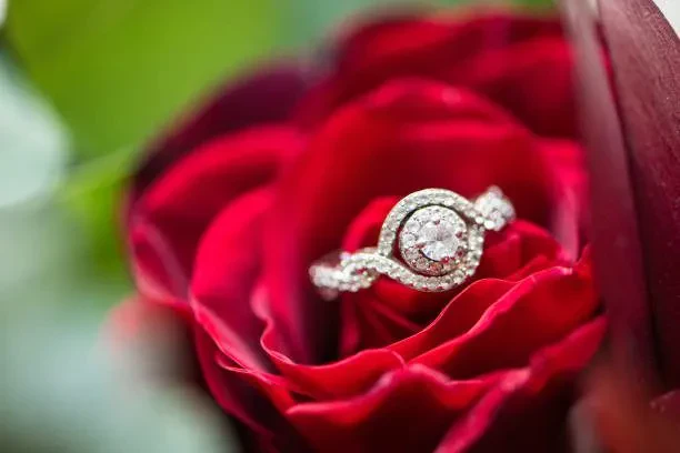A close-up shot of a diamond engagement ring with a round center stone and a halo setting, nestled in the center of a vibrant red rose.