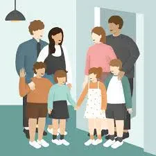 An illustration of two families with their children standing together indoors, appearing to greet each other or say goodbye near an open doorway.