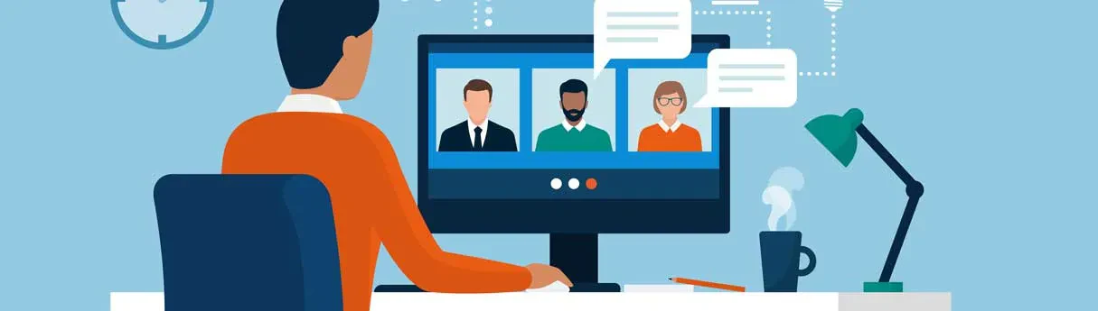 Infographic art of a man seated at a desk, focused on a computer screen displaying multiple people in a virtual meeting.