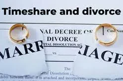An image showing wedding rings placed on top of a torn 'Marriage' certificate, revealing a 'Decree of Divorce' document underneath, with the text Timeshare and divorce at the top