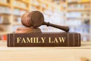 A wooden gavel rests on top of a large brown book titled FAMILY LAW, with blurred shelves of books in the background.