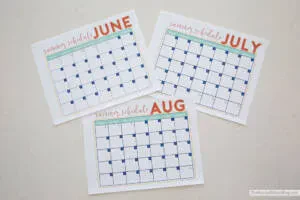 Three calendar cards displaying the months: June, July, and August in bold letters.