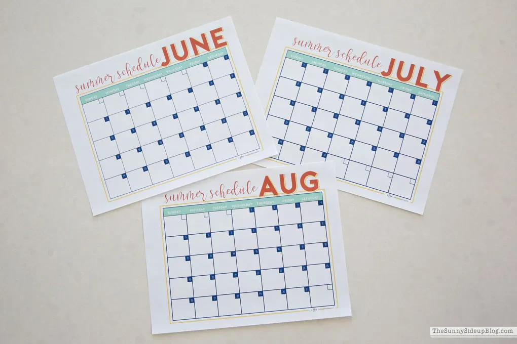 Three calendar cards displaying the months: June, July, and August in bold letters.