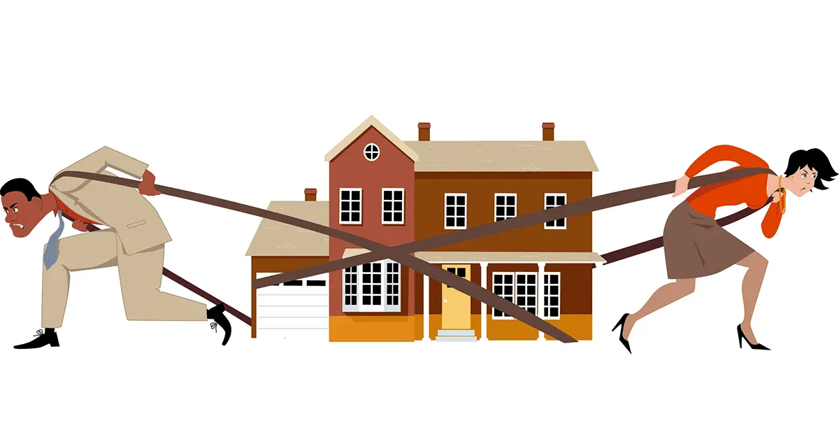 Illustration of a man and woman pulling opposite directions on a house with ropes, symbolizing a struggle or conflict, possibly divorce or property dispute.