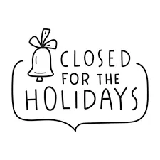 An elegant doodle-style sign reads "CLOSED FOR THE HOLIDAYS" in handwritten, uppercase black text, framed by a delicate speech-bubble outline and paired with a simple sketch of a ringing bell topped with a small bow.