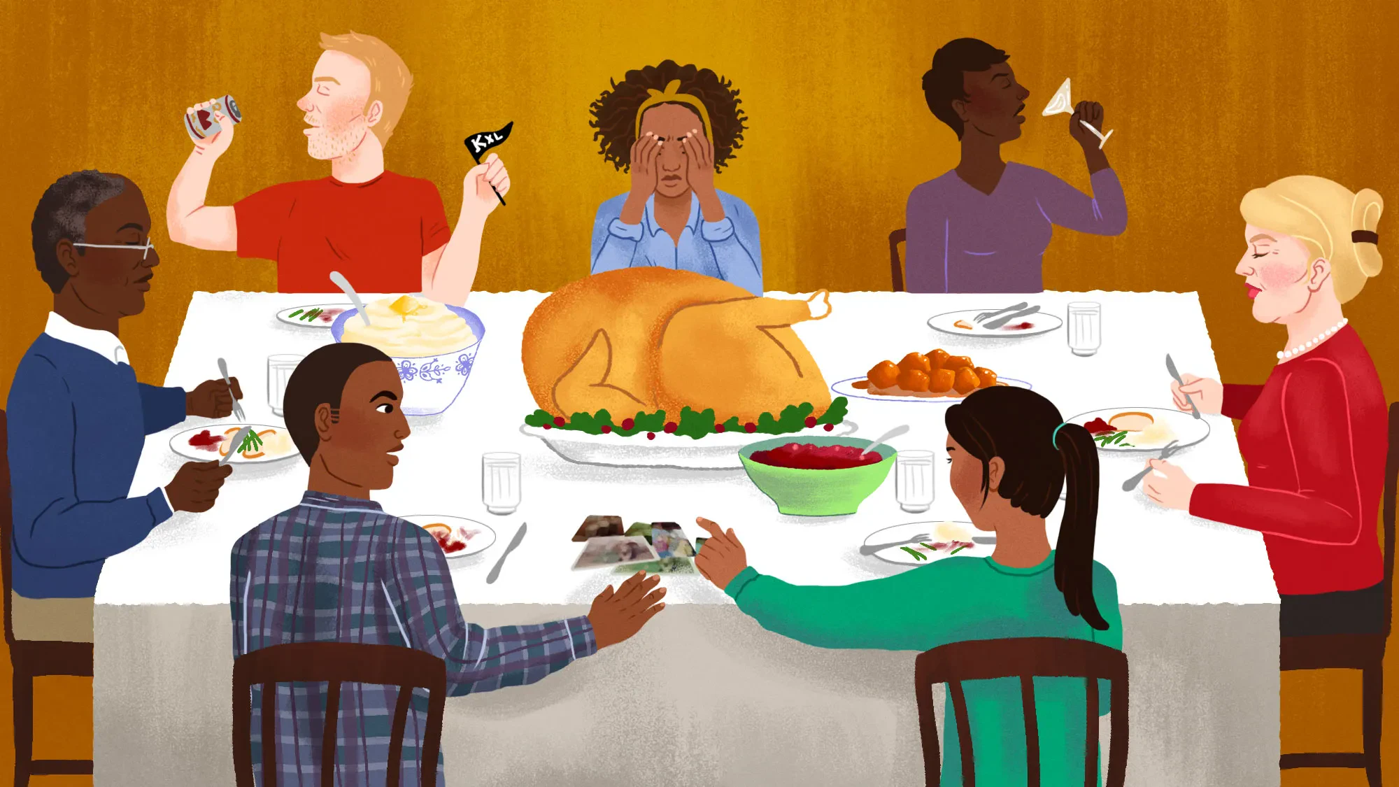 An illustration of a diverse group of people sitting around a Thanksgiving dinner table with a large roasted turkey at the center.